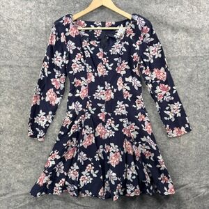 Vintage Express Dress Womens Size 9 Navy Blue Floral Long Sleeve Sweetheart 90s